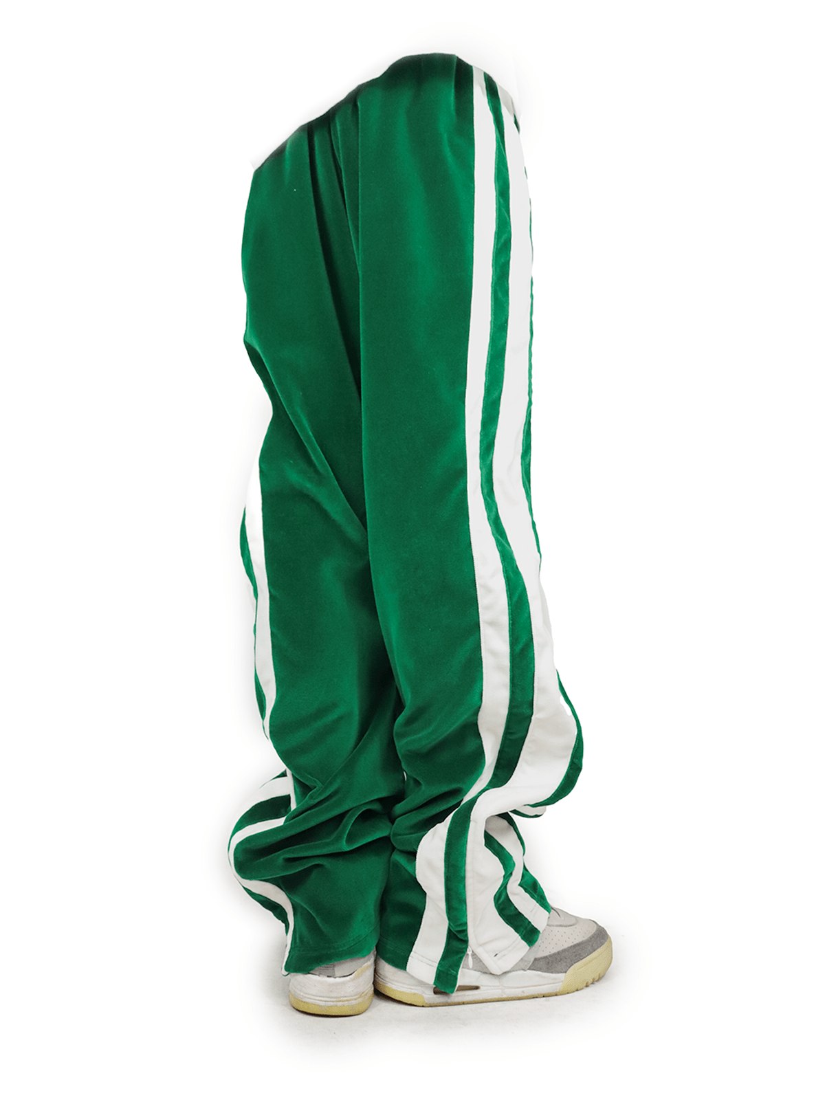 Green track pants with white stripe hotsell