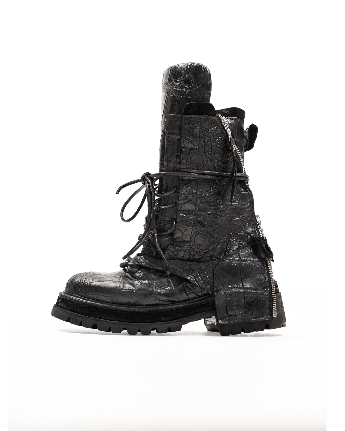 FRACTURE COMBAT BOOTS CROCODILE BLACK LEATHER