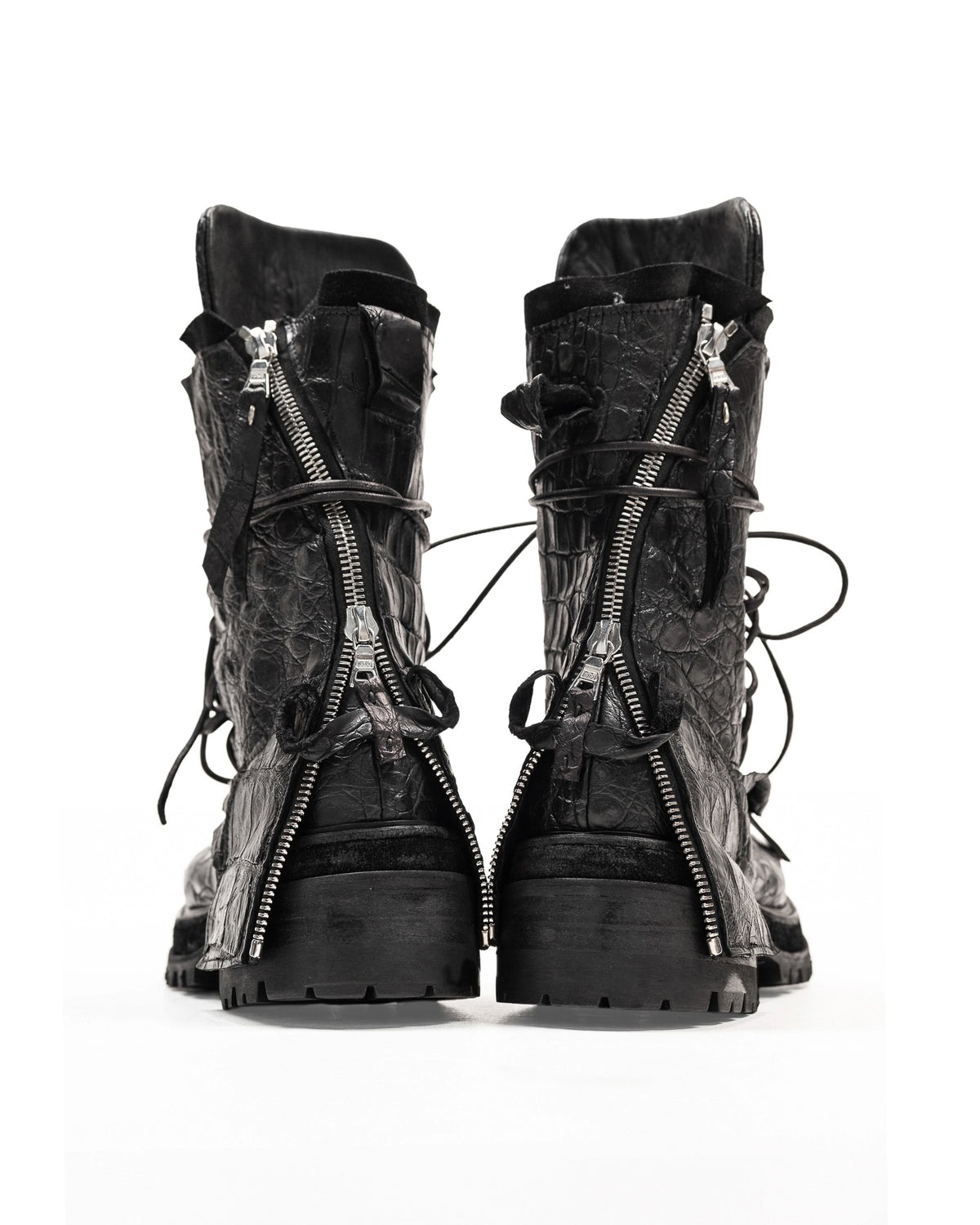 FRACTURE COMBAT BOOTS CROCODILE BLACK LEATHER