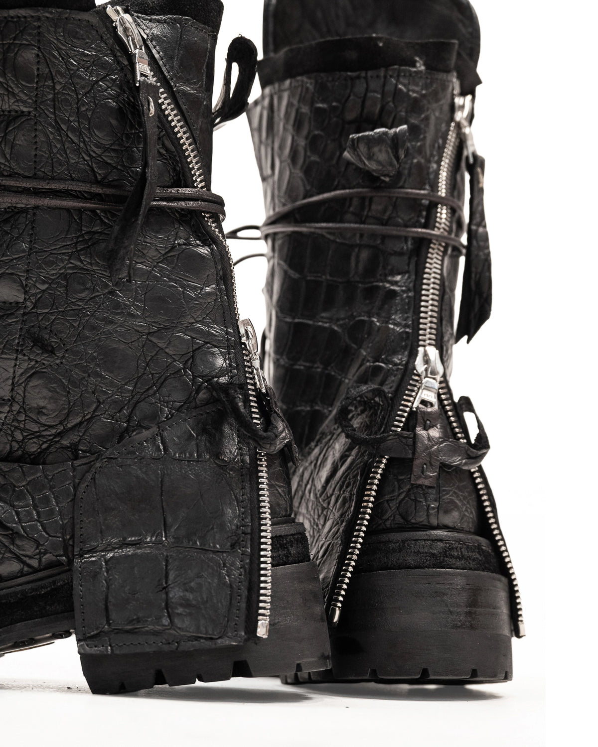FRACTURE COMBAT BOOTS CROCODILE BLACK LEATHER