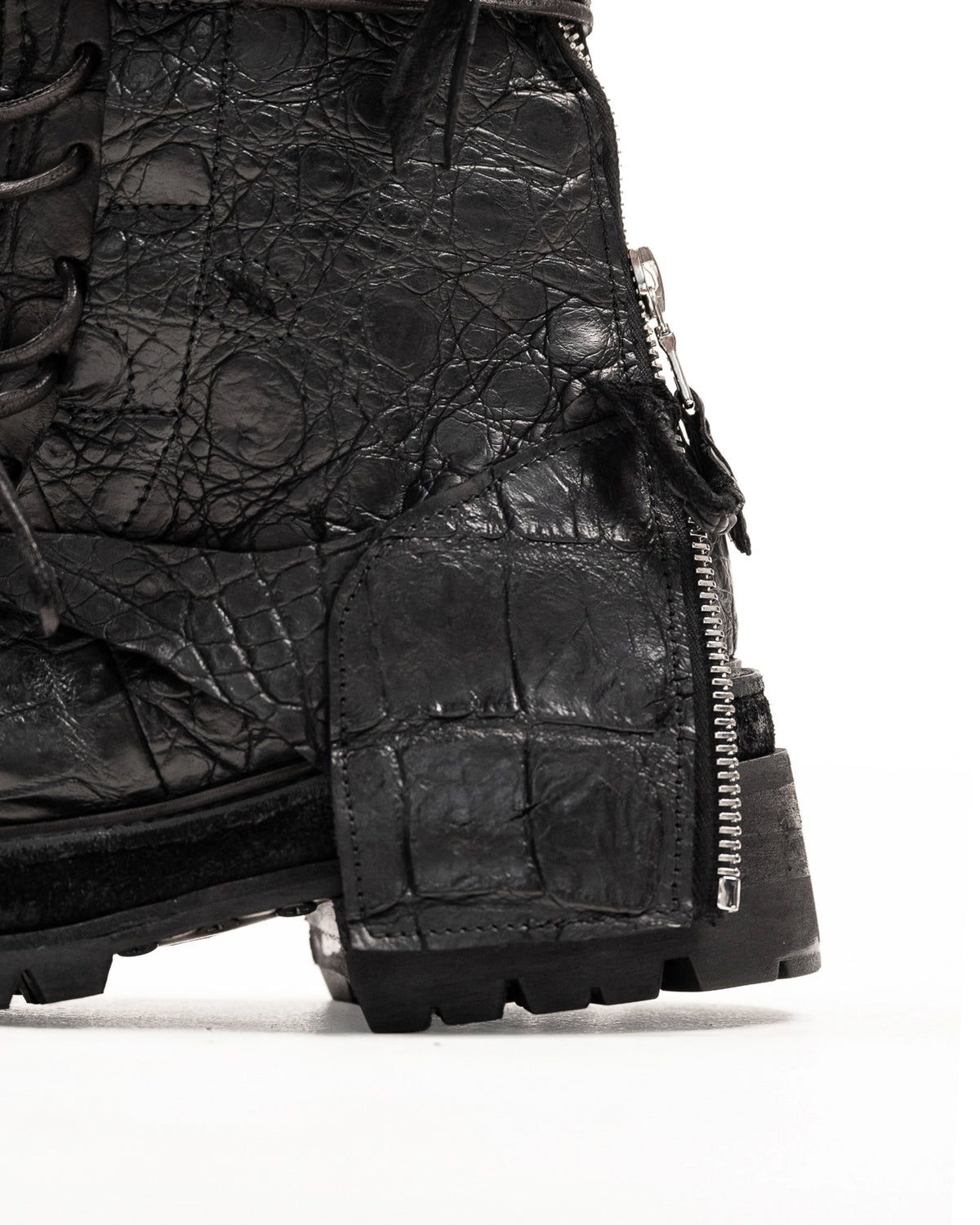 FRACTURE COMBAT BOOTS CROCODILE BLACK LEATHER