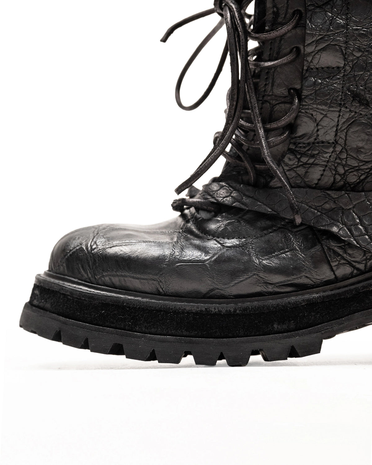 FRACTURE COMBAT BOOTS CROCODILE BLACK LEATHER