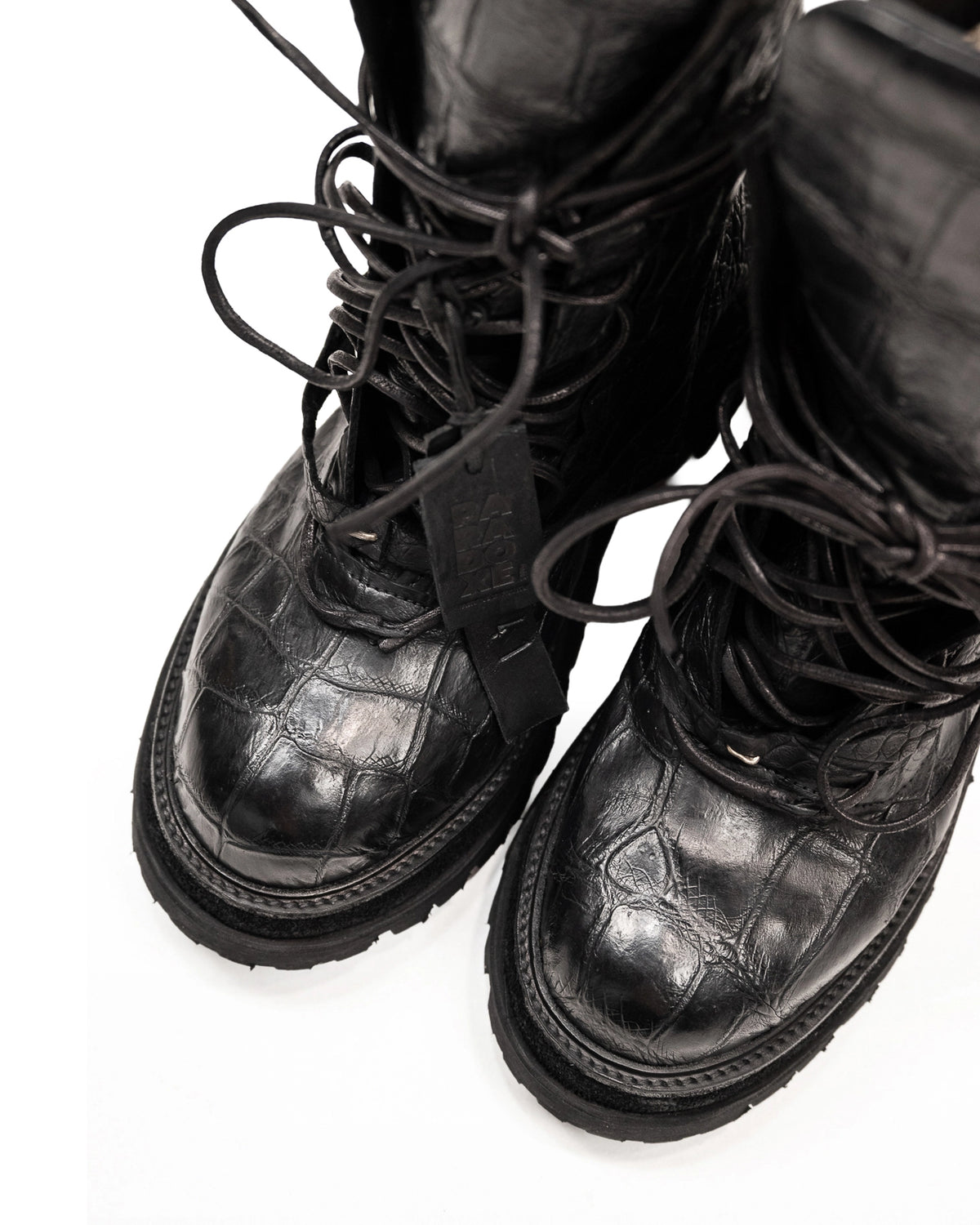 FRACTURE COMBAT BOOTS CROCODILE BLACK LEATHER