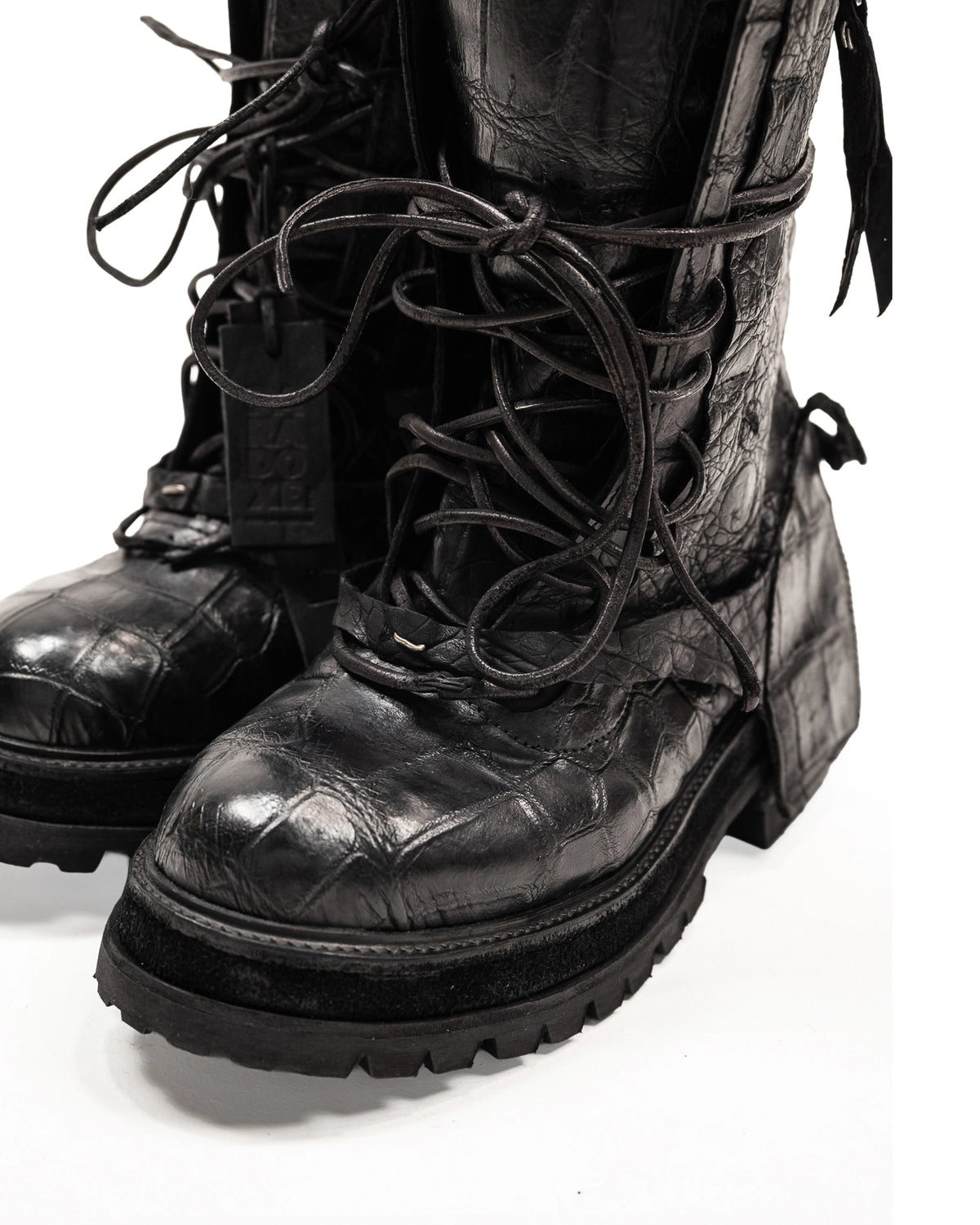 FRACTURE COMBAT BOOTS CROCODILE BLACK LEATHER