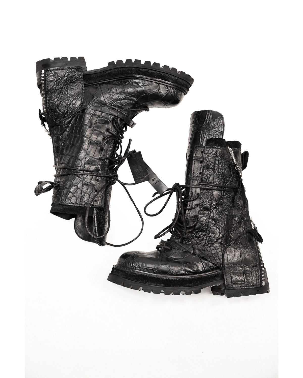 FRACTURE COMBAT BOOTS CROCODILE BLACK LEATHER