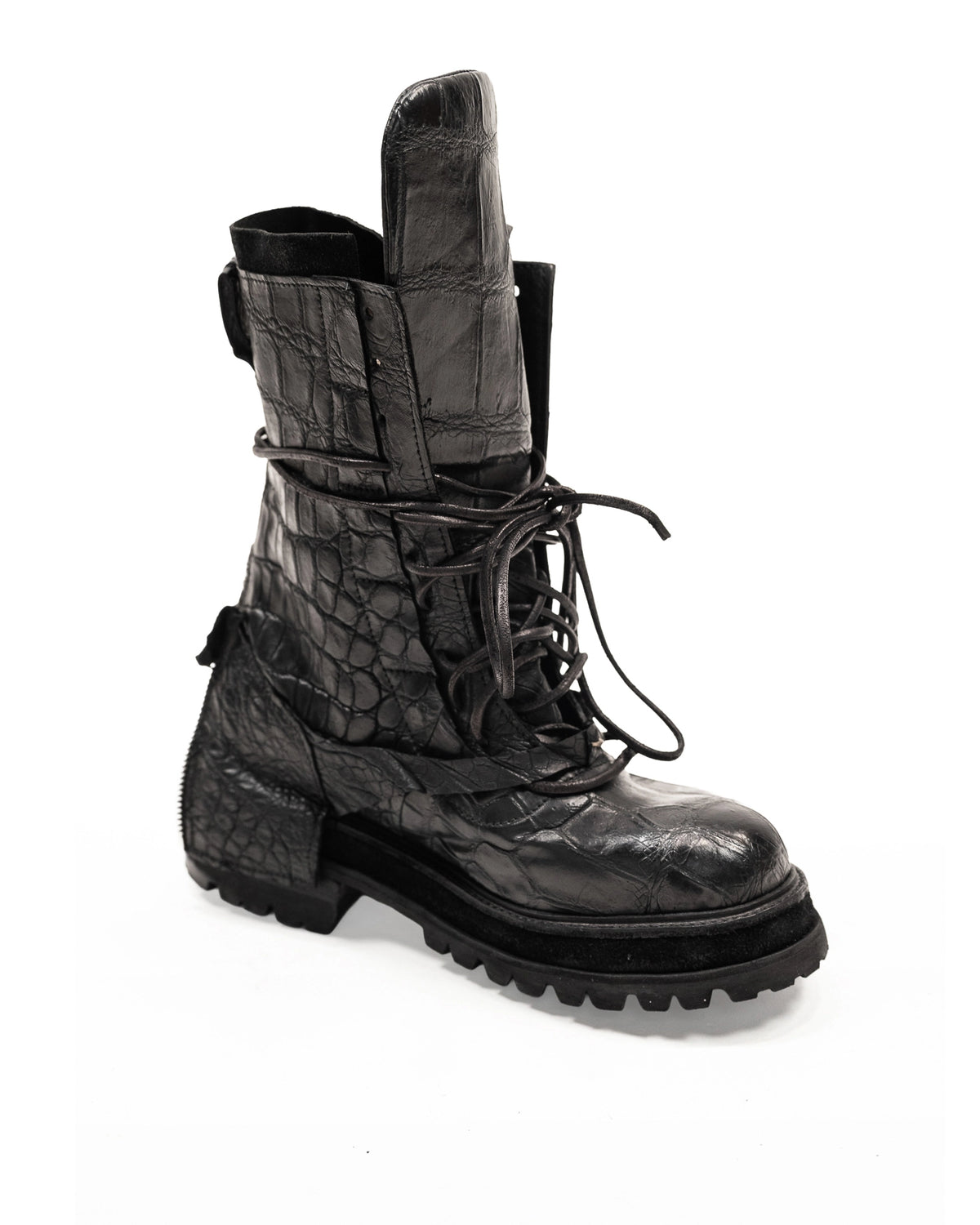 FRACTURE COMBAT BOOTS CROCODILE BLACK LEATHER