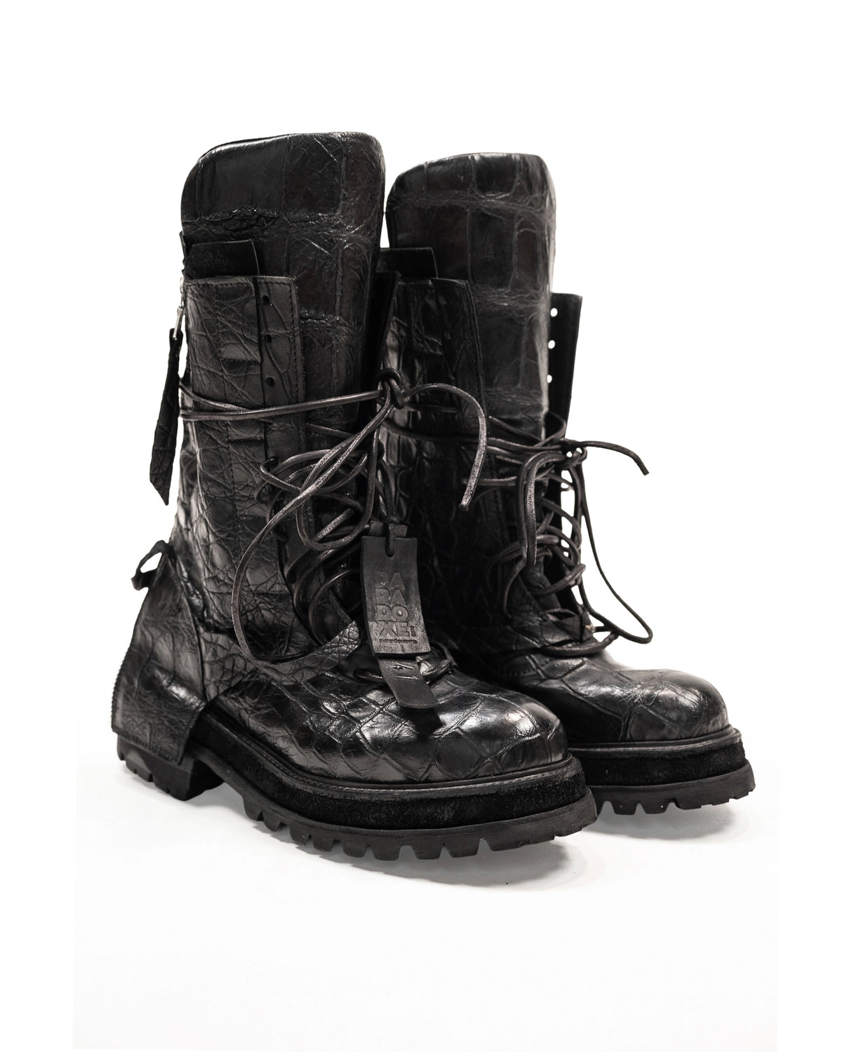 FRACTURE COMBAT BOOTS CROCODILE BLACK LEATHER
