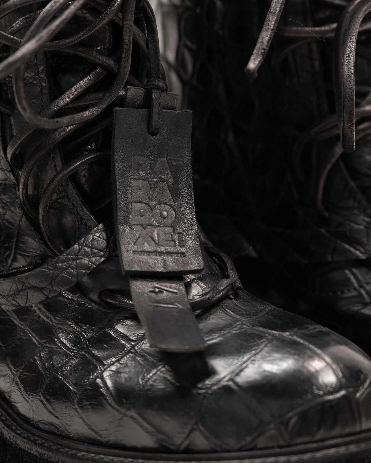 FRACTURE COMBAT BOOTS CROCODILE BLACK LEATHER