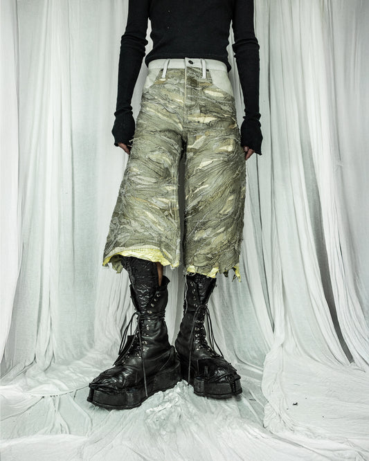 LAYERED LEATHER SHORTS BAGGY KHAKI DENIM