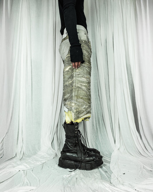 LAYERED LEATHER SHORTS BAGGY KHAKI DENIM