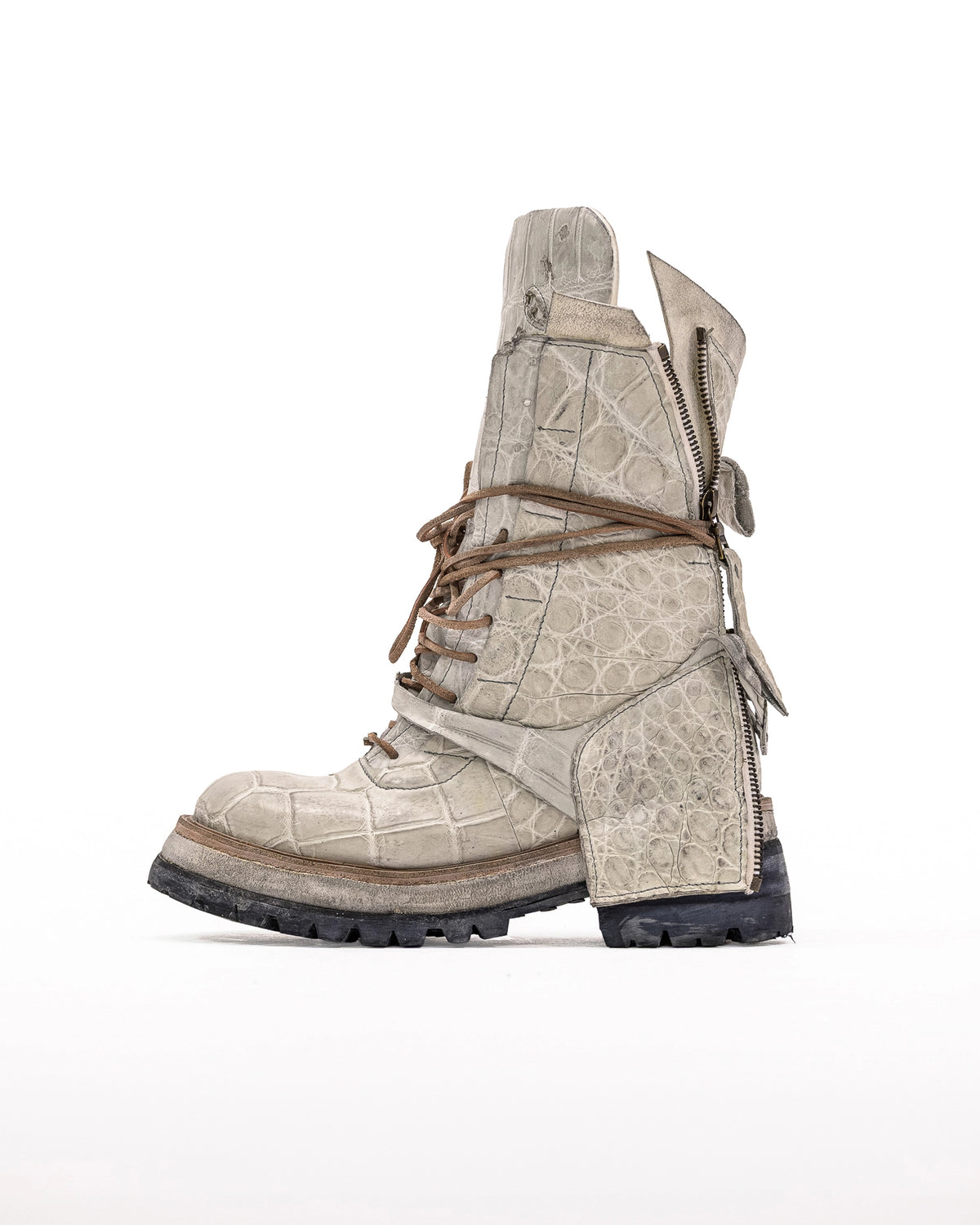 FRACTURE COMBAT BOOTS CROCODILE WHITE LEATHER