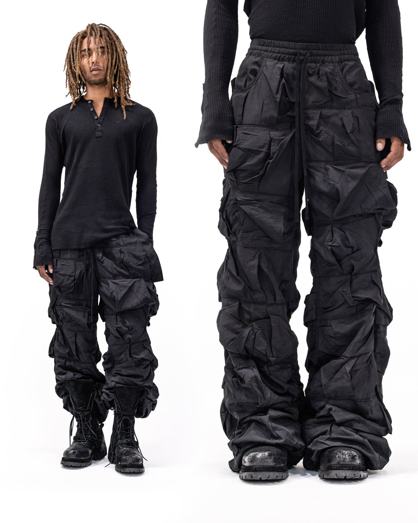 BLACK NYLON PLEATED PANTS